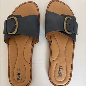 Born Navy Blue Slide Sandals with Gold Buckle